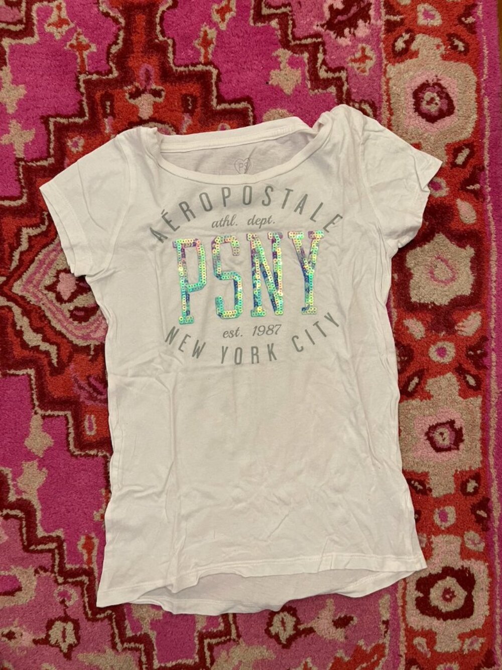 Aeropostale Girl's Purple Blue Ombre Sequin Logo White Short Sleeve T-Shirt